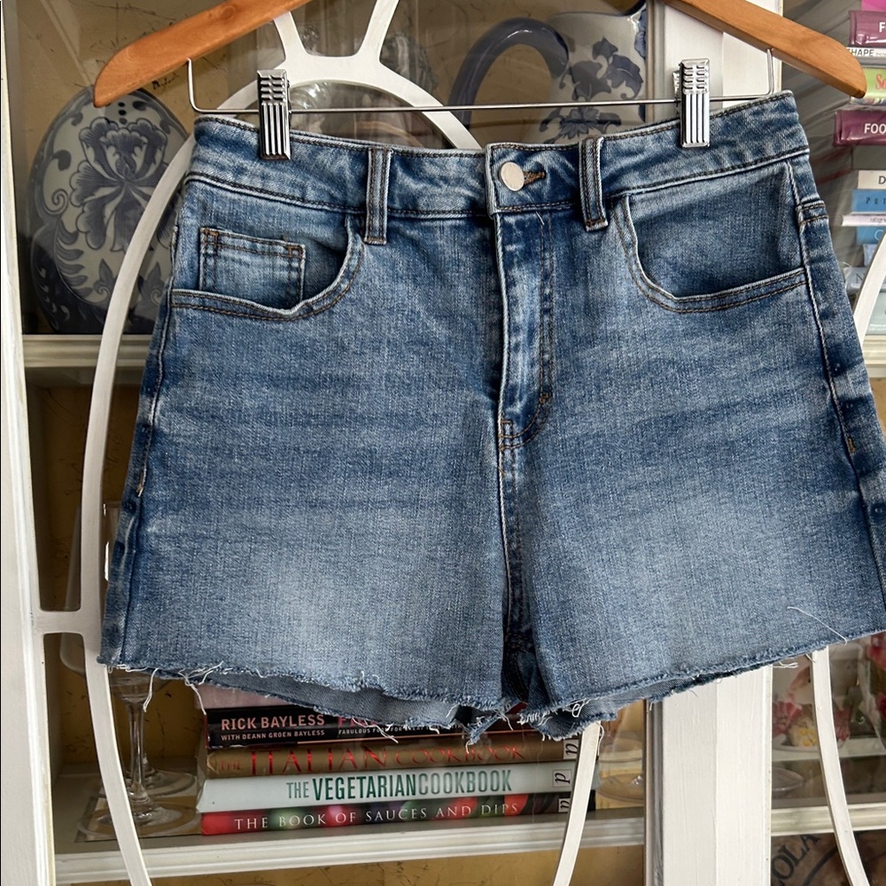 Oat New York Washed Blue High-Rise Raw Hem Denim Shorts